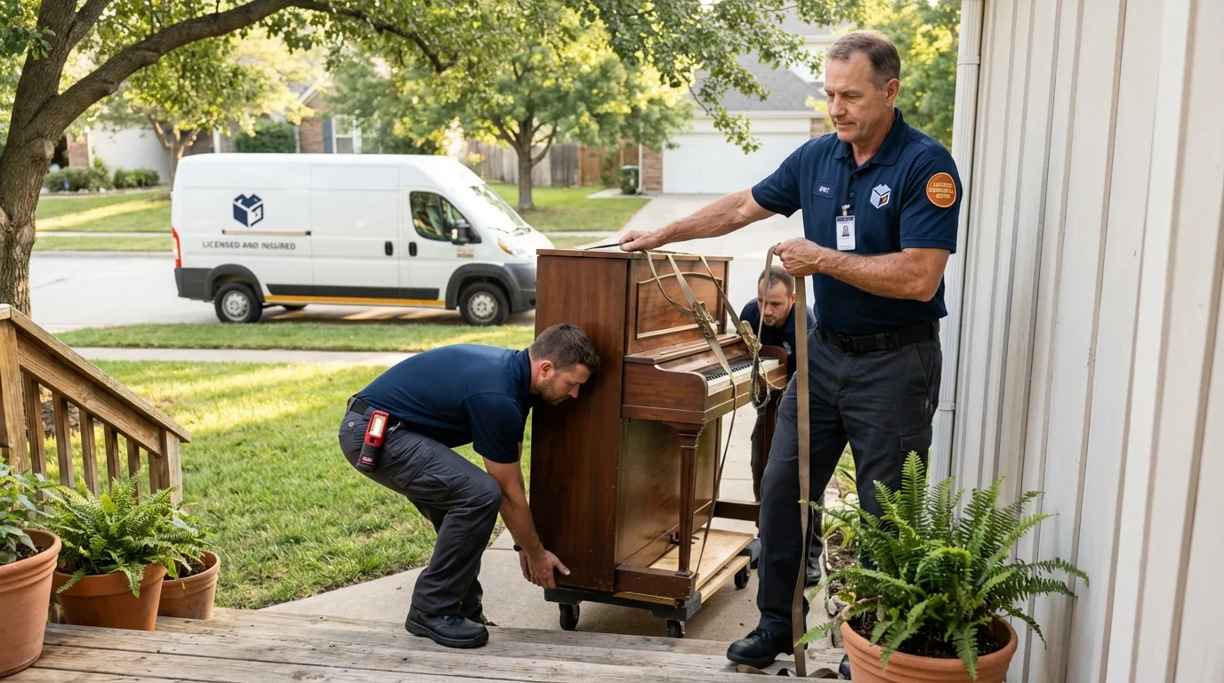 Licensed piano movers securing grand piano in Somers Point, NJ