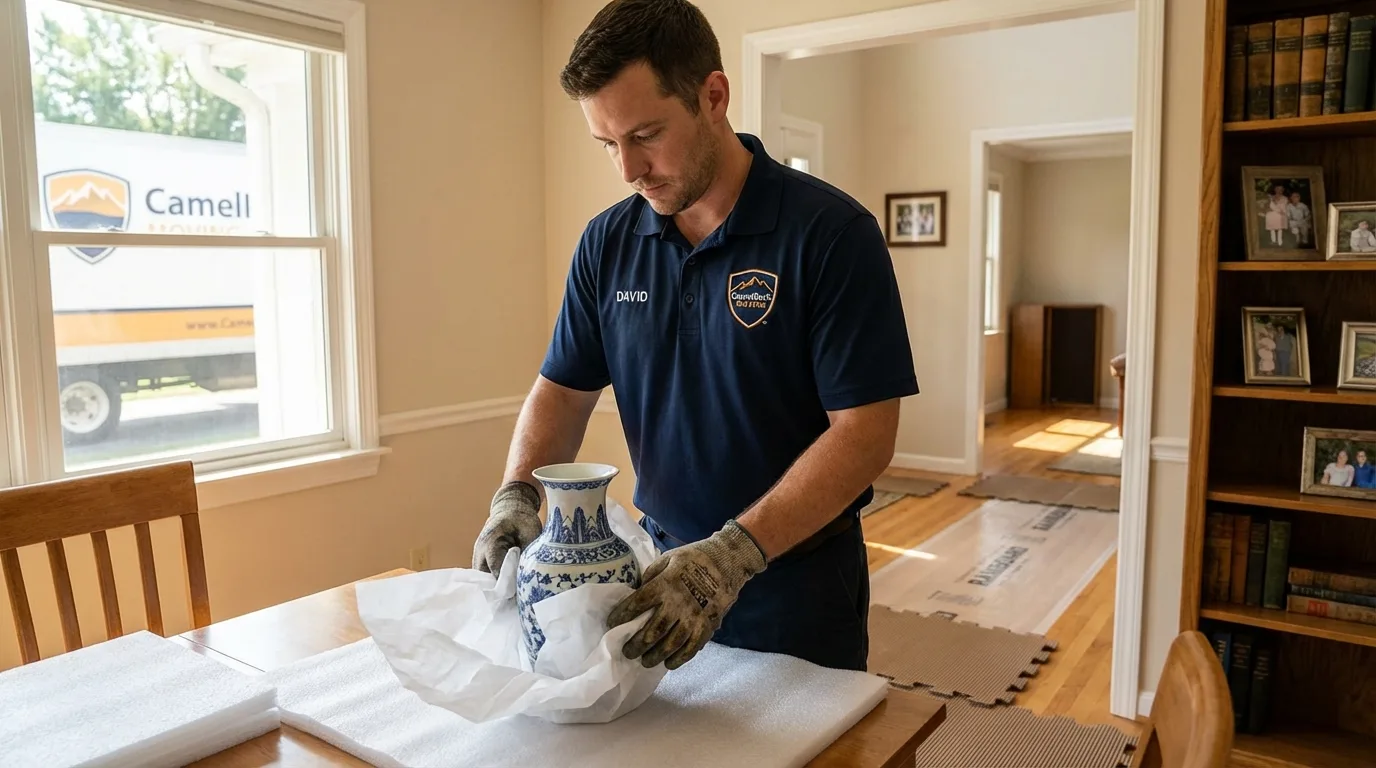Professional crew carefully wrapping antique vase for senior downsizing move in Somers Point, NJ